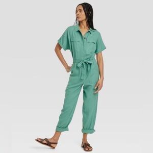 Universal Thread Green Linen Button Up Belted Short Sleeve Jumpsuit Women Size 8